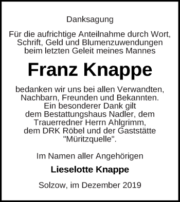 Traueranzeige von Franz Knappe von Müritz-Zeitung