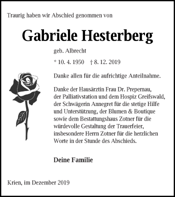 Traueranzeige von Gabriele Hesterberg von Vorpommern Kurier