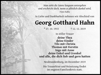 Traueranzeige von Georg Gotthard Hahn von Demminer Zeitung