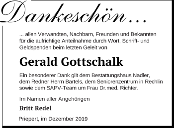 Traueranzeige von Gerald Gottschalk von Strelitzer Zeitung