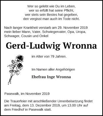 Traueranzeige von Gerd-Ludwig Wronna von Pasewalker Zeitung