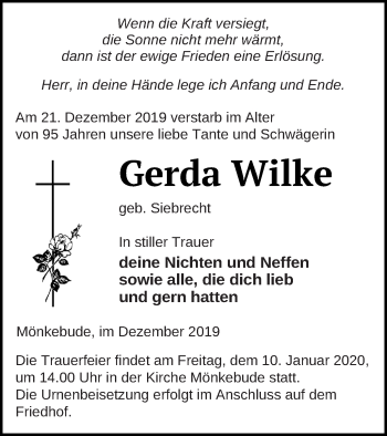 Traueranzeige von Gerda Wilke von Haff-Zeitung