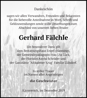 Traueranzeige von Gerhard Fälchle von Mecklenburger Schweiz