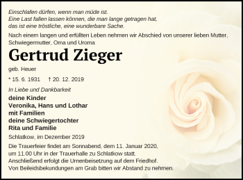 Traueranzeige von Gertrud Zieger von Vorpommern Kurier