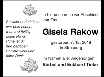 Traueranzeige von Gisela Rakow von Pasewalker Zeitung