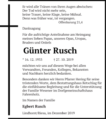 Traueranzeige von Günter Rusch von Pasewalker Zeitung