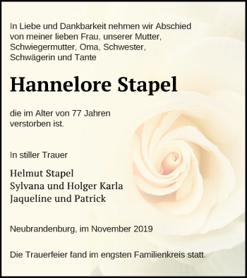 Traueranzeige von Hannelore Stapel von Neubrandenburger Zeitung