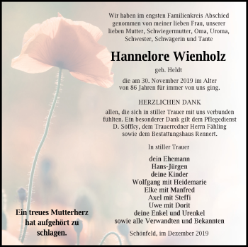 Traueranzeige von Hannelore Wienholz von Demminer Zeitung