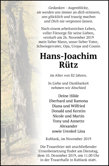 Traueranzeige von Hans-Joachim Rütz von Strelitzer Zeitung