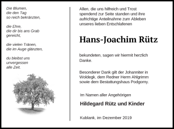 Traueranzeige von Hans-Joachim Rütz von Strelitzer Zeitung