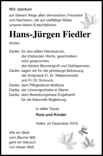 Traueranzeige von Hans-Jürgen Fiedler von Müritz-Zeitung