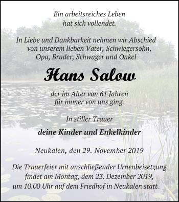 Traueranzeige von Hans Salow von Mecklenburger Schweiz