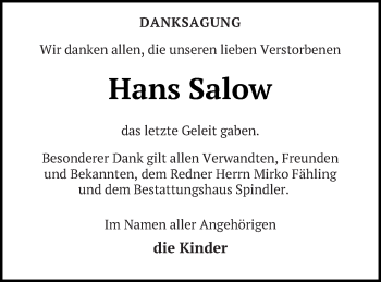 Traueranzeige von Hans Salow von Mecklenburger Schweiz