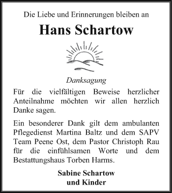 Traueranzeige von Hans Schartow von Vorpommern Kurier