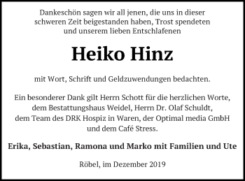 Traueranzeige von Heiko Hinz von Müritz-Zeitung