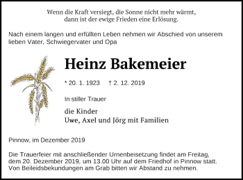 Traueranzeige von Heinz Bakemeier von Vorpommern Kurier