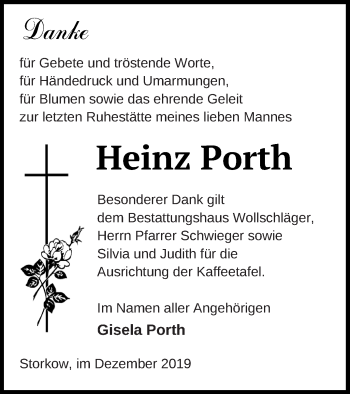 Traueranzeige von Heinz Porth von Templiner Zeitung