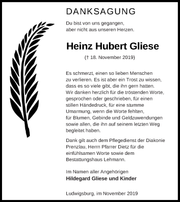 Traueranzeige von Heinz Hubert Gliese von Prenzlauer Zeitung