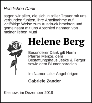 Traueranzeige von Helene Berg von Prenzlauer Zeitung