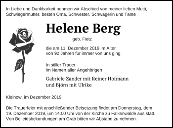 Traueranzeige von Helene Berg von Prenzlauer Zeitung