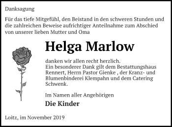 Traueranzeige von Helga Marlow von Vorpommern Kurier