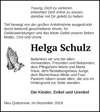 Traueranzeige von Helga Schulz von Mecklenburger Schweiz