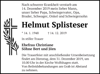 Traueranzeige von Helmut Splisteser von Prenzlauer Zeitung