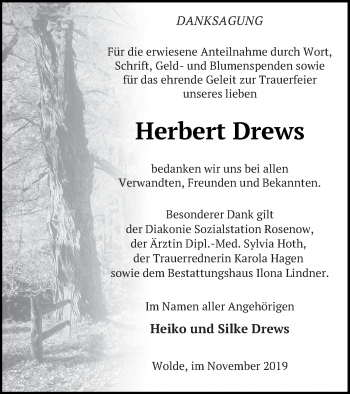 Traueranzeige von Herbert Drews von Neubrandenburger Zeitung