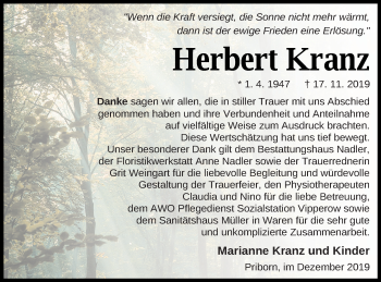 Traueranzeige von Herbert Kranz von Müritz-Zeitung