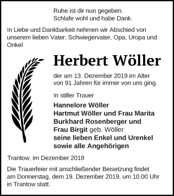 Traueranzeige von Herbert Wöller von Vorpommern Kurier