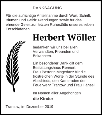 Traueranzeige von Herbert Wöller von Vorpommern Kurier