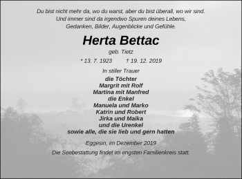 Traueranzeige von Herta Bettac von Pasewalker Zeitung
