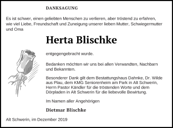 Traueranzeige von Herta Blischke von Müritz-Zeitung