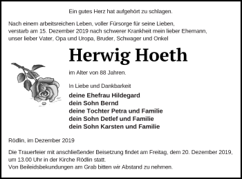 Traueranzeige von Herwig Hoeth von Strelitzer Zeitung