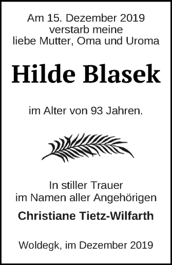 Traueranzeige von Hilde Blasek von Strelitzer Zeitung