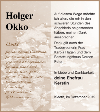 Traueranzeige von Holger Okko von Neubrandenburger Zeitung