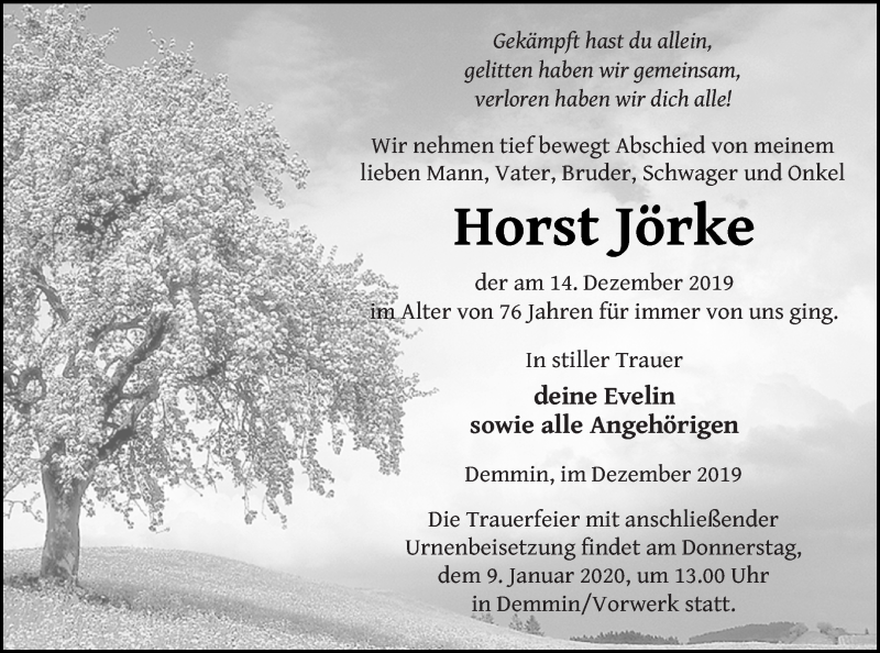  Traueranzeige für Horst Jörke vom 18.12.2019 aus Demminer Zeitung