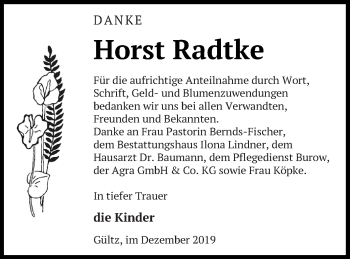 Traueranzeige von Horst Radtke von Neubrandenburger Zeitung