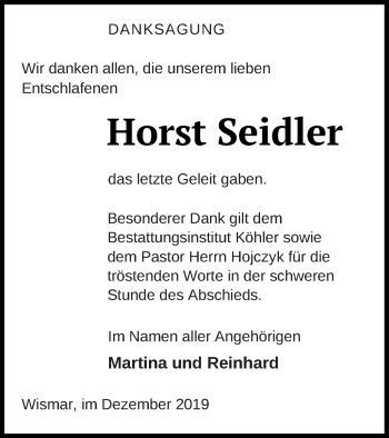 Traueranzeige von Horst Seidler von Pasewalker Zeitung