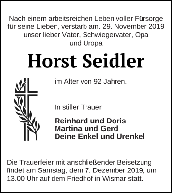 Traueranzeige von Horst Seidler von Pasewalker Zeitung