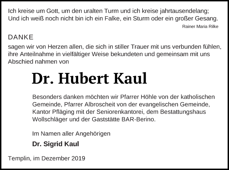  Traueranzeige für Hubert Kaul vom 11.12.2019 aus Templiner Zeitung