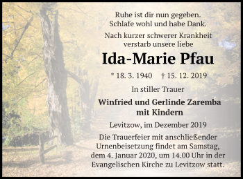 Traueranzeige von Ida-Marie Pfau von Mecklenburger Schweiz