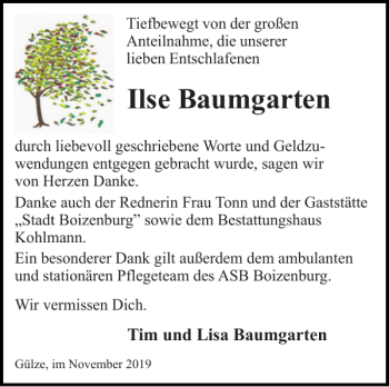 Traueranzeige von Ilse Baumgarten von Hagenower Kreisblatt