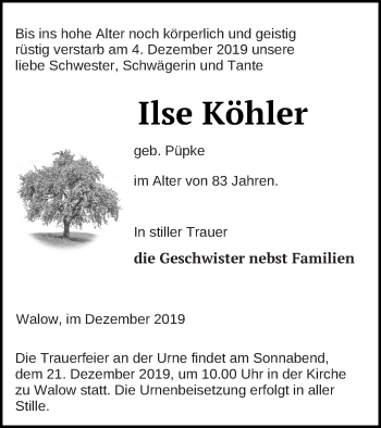 Traueranzeige von Ilse Köhler von Müritz-Zeitung