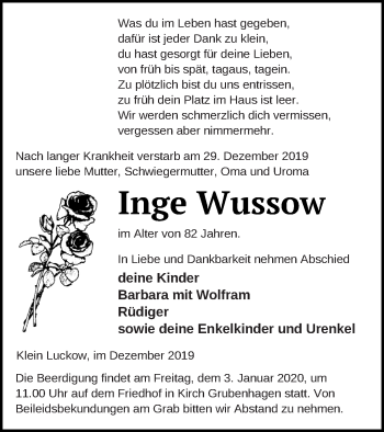 Traueranzeige von Inge Wussow von Müritz-Zeitung