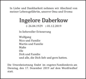 Traueranzeige von Ingelore Daberkow von Norddeutsche Neueste Nachrichten