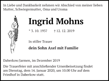 Traueranzeige von Ingrid Mohns von Vorpommern Kurier