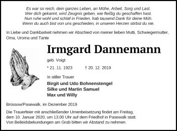 Traueranzeige von Irmgard Dannemann von Pasewalker Zeitung