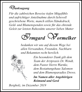 Traueranzeige von Irmgard Vormelker von Pasewalker Zeitung