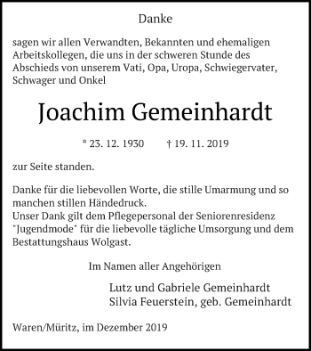 Traueranzeige von Joachim Gemeinhardt von Müritz-Zeitung